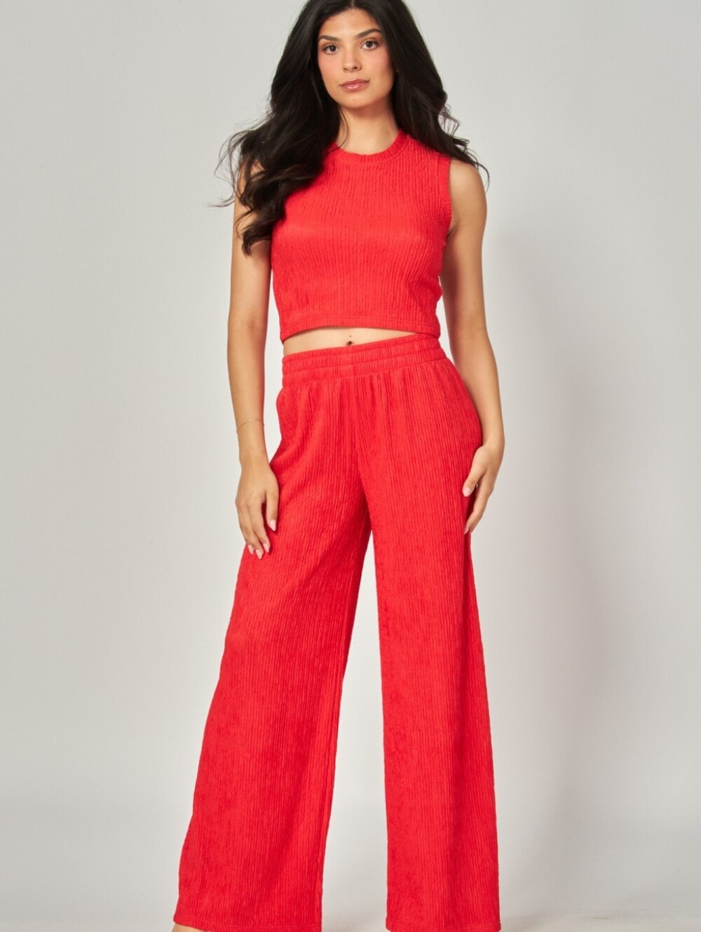 Sleeveless Crop Top & Wide-Leg Pants Set - Red